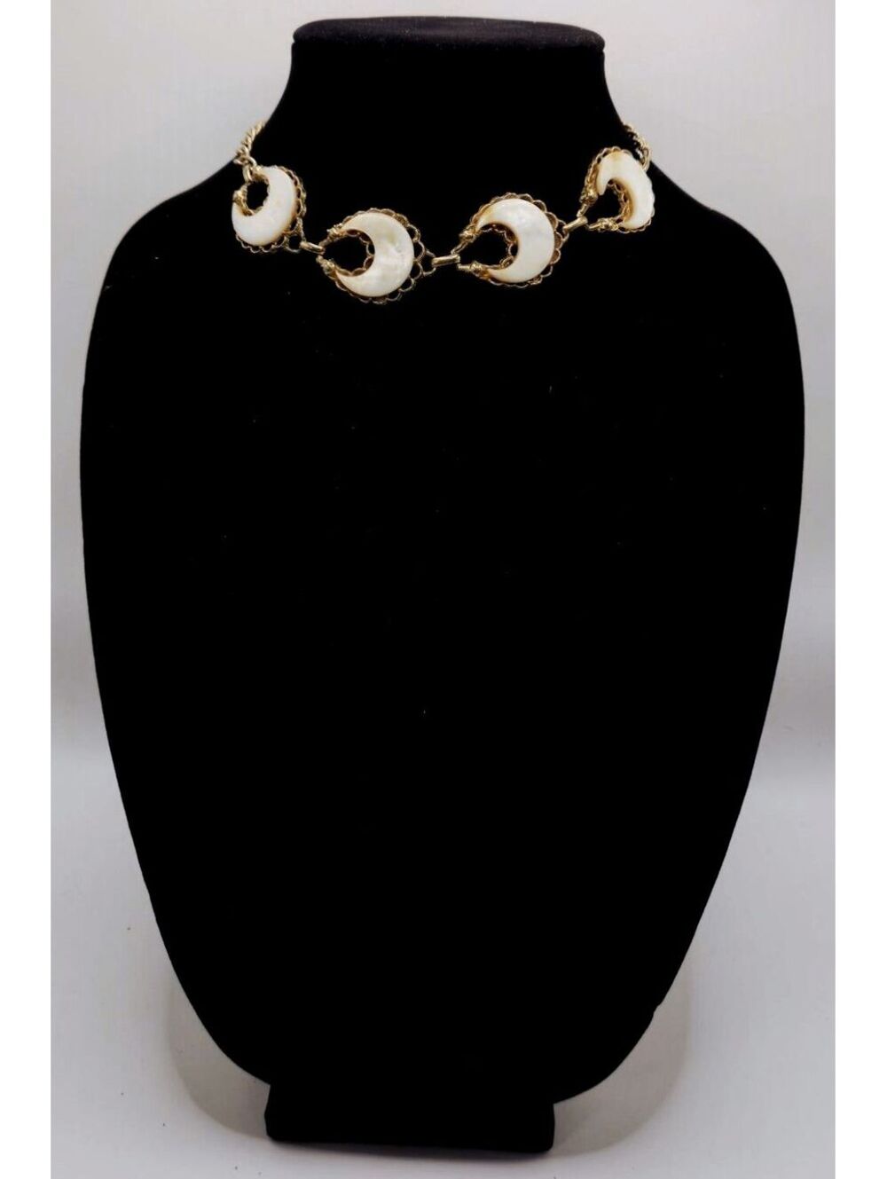 Vintage 1950s White Thermoset Crescent Moon Choker Necklace Gold Tone - AS IS